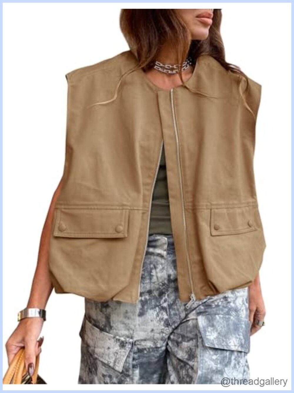 Womens Zip Up Cargo Vest Oversized Lightweight Sleeveless Utility